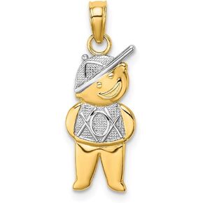 14K Yellow Gold with Rhodium Boy with White Hat and Shirt High Polish and Textured Pendant (0.82 x 0.34 inches)