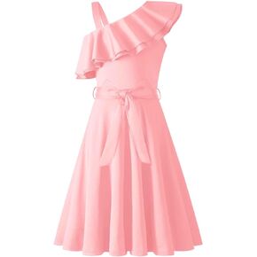 Arshiner Girls Dress One Shoulder Formal Ruffle Trim Birthday Party Dresses with Belted Pockets for 5-12 Years in Kuwait