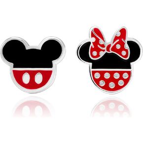 Disney Mismatched Mickey And Minnie Mouse Earrings for Official License, Silver-Plated Minnie and Mickey Stud Earrings