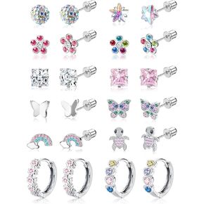 FIASASO Hypoallergenic Surgical Stainless Steel Earrings for Girls Kids Women - 12 Pair Screw Back Earrings for Sensitive Ears Cute Flower Butterfly Toddler Stud Hoop Earrings Screwback Girl Earrings