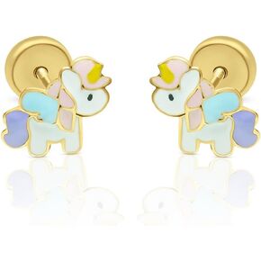 Five Star Jewelers 14k Solid Gold Unicorn Stud Earrings for Girls - Hypoallergenic Kids Jewelry with Secure Screw Back - Adorable Vibrant Enamel Design - Little Girl Earrings - Gift Box