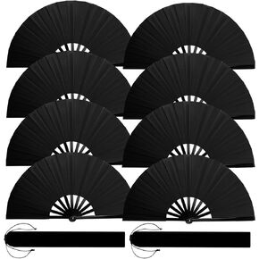 8PCS Large Chinese Folding Fans with 8 Fan Sleeves, Chinese Kung Fu Tai Chi Fans, Clacking Fans for Line Dancing, Popping Fans for Line Dancing for Men and Women (Black)
