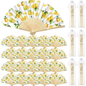Weysat 24 Sets Lemon Printed Folding Hand Fans with Organza Bags Bulk Guests Wedding Favors for Decorations Mediterranean Paper Fans for Bridal Shower Wedding Bridesmaid Gift