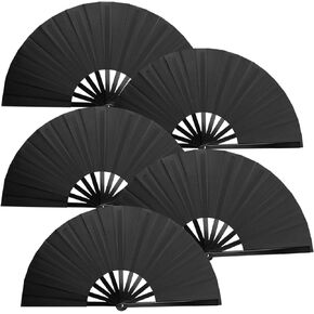 5PCS Large Chinese Folding Fans for Line Dancing, Clacking Fans for Line Dancing, Foldable Handheld Fans, Popping & Clapping Hand Fans Bulk Set for Men Women (Black)