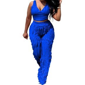 PRIVIMIX Women 2 Piece Outfits Sexy See Through Backless Top Ruffle Wide Leg Palazzo Pants Sheer Mesh Trousers Set