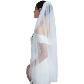 Pearl Veils for Women Wedding Long Bridal Veil With Metal Comb Beaded Edge 1 Tier Fingertip Length