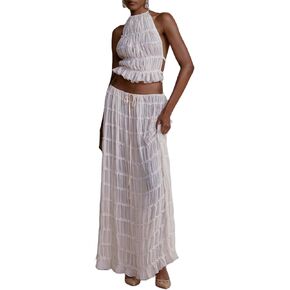 Womens 2 Piece Maxi Skirt Set Lace Up Sleeveless Tank Top and Flowy Long Skirt 2024 Summer Beach Outfits