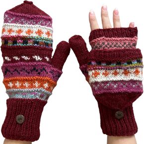 Womens Wool Convertible Mittens Warm Handmade Knit Gloves Flip Top Fleeced Lined