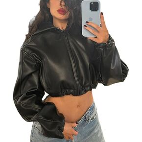 Mandonce Leather Jacket Women Zip up Hoodies Motorcycle Bomber Jacket Streetwear Cropped Trench Coat for Women