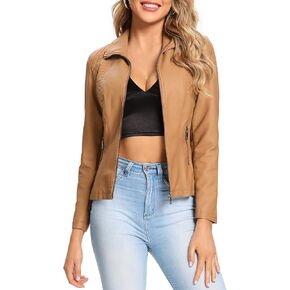 S P Y M Womens Faux Leather Jacket, Casual Fashion Quilted Zip Up Suede Coat With Elastic Rib