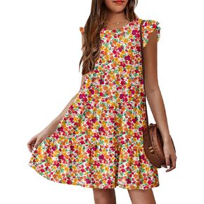 Hosika Girls Girls Dress Summer Boho Flutter Swite Swing Tiered Beach Holiday Dress 6-12y