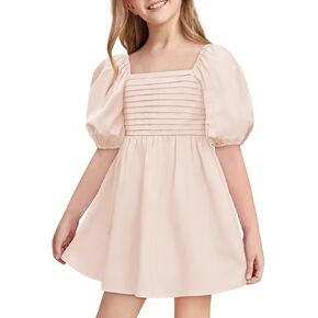 Haloumoning Girls Summer Dress Kids Square Neck Puff Sleeve A-Line Smocked Mini Dresses 5-14 Years