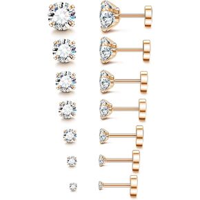 Fansilver 20G Hypoallergenic Flat Back Earrings for Women Men Silver 14K Gold Stainless Steel Stud Earrings Brithstone Cubic Zirconia Studs Surgical Steel Cartilage Earrings for Sensitive Ears