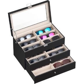 habgp Sunglasses Organizer with 18 Slots, 3-Layer Multiple Eyeglasses Eyewear Storage Glasses Holder Leather Box Display Case for Women Men - Black