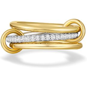 AllenCOCO 14K Gold Plated Stackable Rings, 3 Ring Set with CZ Cubic Zirconia, Gold & Silver Stacked, Multi-Link Connected, Interlocking Band for Women, Statement, Hypoallergenic, Non Tarnish