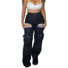 Unybwonn Women Rhinestone Cargo Jeans High Waisted Baggy Sexy Sparkly Cut Out Ripped Distressed Stretchy Denim Pants