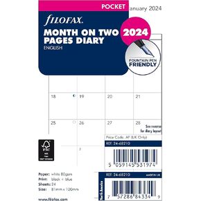 Filofax Calendar Diary Refill, Pocket Size, Month-to-View, White Paper, English, 2025 (C68210-25)