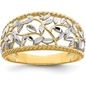 Diamond2Deal 14k Yellow Gold and Rhodium Diamond-cut Filigree Leaf Ring Size-7