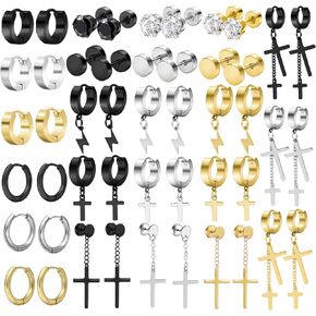 Newitin 24 أزواج أقراط الفولاذ المقاوم للصدأ للرجال للرجال Hypoallergenic Zirconia Zirconia Studs Hoop arring Cross Dangle أقراط للجنسين البانك.