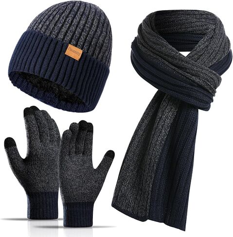 Men's Winter Hat Scarf Gloves Set, 3 PCS Warm Beanie Long Scarf fleece lined Touchscreen Gloves for Cold Weather in Saudi Arabia