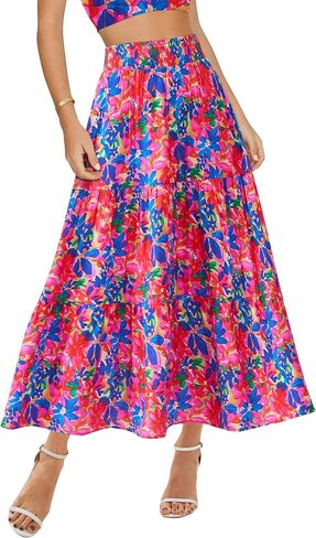BTFBM Women's Floral Print Midi Maxi Skirts 2025 Summer Casual Aline Elastic High Waist Pleated Flowy Long Skirt Pockets in Kuwait
