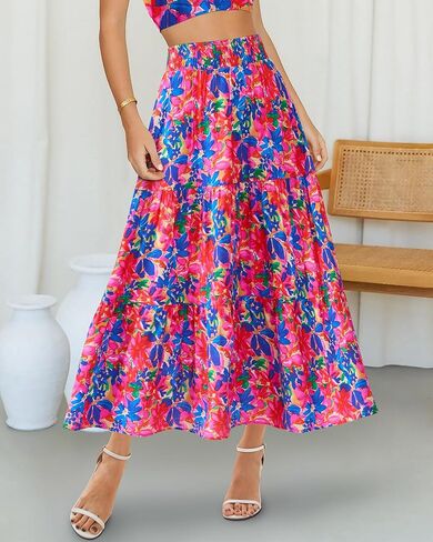 BTFBM Women's Floral Print Midi Maxi Skirts 2025 Summer Casual Aline Elastic High Waist Pleated Flowy Long Skirt Pockets in Kuwait