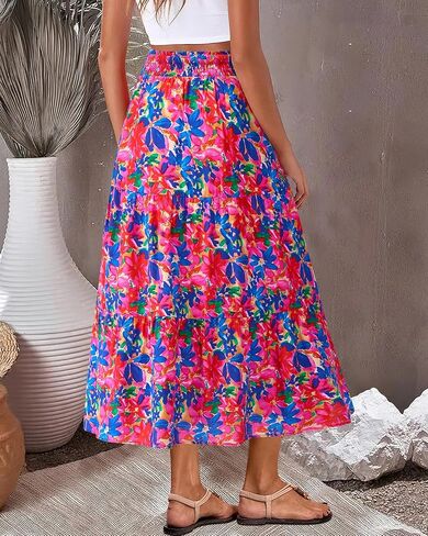 BTFBM Women's Floral Print Midi Maxi Skirts 2025 Summer Casual Aline Elastic High Waist Pleated Flowy Long Skirt Pockets in Kuwait