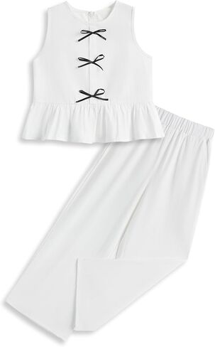 Girls’ Clothing Sets Sleeveless Bow Crop Top Wide Leg Linen Pants 2025 Summer Outfits Cute Kids Clothes in Kuwait