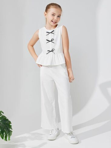 Girls’ Clothing Sets Sleeveless Bow Crop Top Wide Leg Linen Pants 2025 Summer Outfits Cute Kids Clothes in Kuwait