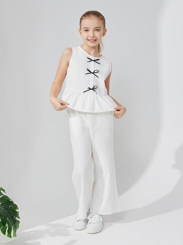 Girls’ Clothing Sets Sleeveless Bow Crop Top Wide Leg Linen Pants 2025 Summer Outfits Cute Kids Clothes in Kuwait