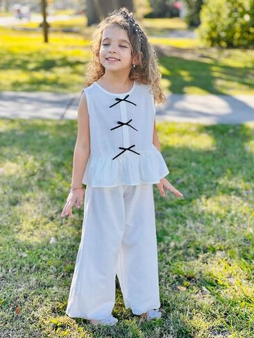 Girls’ Clothing Sets Sleeveless Bow Crop Top Wide Leg Linen Pants 2025 Summer Outfits Cute Kids Clothes in Kuwait