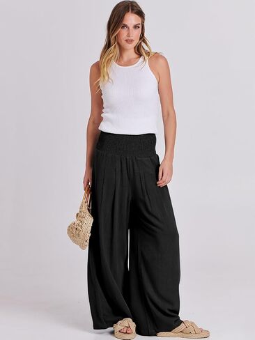 ANRABESS Women Linen Palazzo Pants Summer Boho Wide Leg High Waist Casual Lounge Pant 2025 Beach Travel Vacation Outfits in Kuwait
