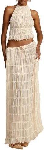 Womens 2 Piece Maxi Skirt Set Lace Up Sleeveless Tank Top and Flowy Long Skirt 2024 Summer Beach Outfits in Saudi Arabia
