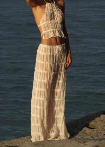 Womens 2 Piece Maxi Skirt Set Lace Up Sleeveless Tank Top and Flowy Long Skirt 2024 Summer Beach Outfits in Saudi Arabia