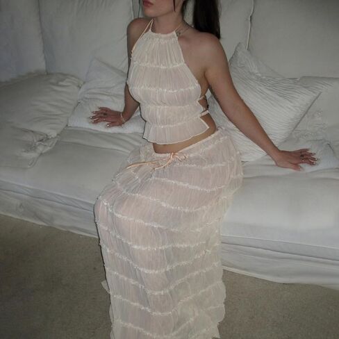 تنورة y2k maxi مجموعة للنساء عاريات الدانتيل أعلى والرابطة العليا وتنورة التدفق المطوية مجموعات الشاطئ الشاطئ فستان 2 قطعة الزي in Kuwait