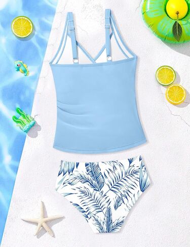 Girls Tankini Swimsuit Twist V Neck Bathing Suit Ruched Girls Swimsuit Two Piece Printed Girls' Swimwear 9-16 Years in Kuwait