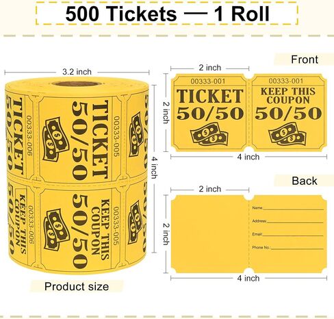 ESSENTIAL 500 Double Roll Raffle Tickets, 50/50 Raffle Cards, Entry Form with Name, Address, Phone & Email for Events, Entry, Class Reward & Door Prize - 5 Color Selection (Yellow) in Kuwait