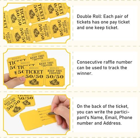ESSENTIAL 500 Double Roll Raffle Tickets, 50/50 Raffle Cards, Entry Form with Name, Address, Phone & Email for Events, Entry, Class Reward & Door Prize - 5 Color Selection (Yellow) in Kuwait