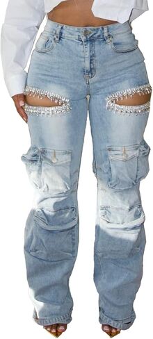 Unybwonn Women Rhinestone Cargo Jeans High Waisted Baggy Sexy Sparkly Cut Out Ripped Distressed Stretchy Denim Pants in Kuwait