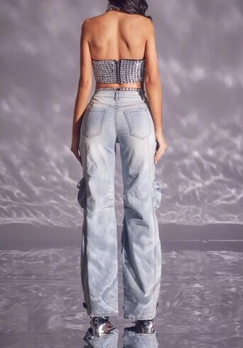 Unybwonn Women Rhinestone Cargo Jeans High Waisted Baggy Sexy Sparkly Cut Out Ripped Distressed Stretchy Denim Pants in Kuwait