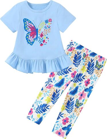 CARETOO Toddler Girl Clothes 2pcs Girl Spring Summer Outfit Ruffle Hem Short Sleeve Top and Floral Capri Pant 2-7 Years in Saudi Arabia