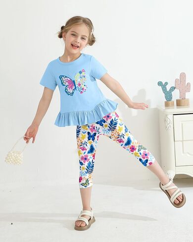 CARETOO Toddler Girl Clothes 2pcs Girl Spring Summer Outfit Ruffle Hem Short Sleeve Top and Floral Capri Pant 2-7 Years in Saudi Arabia
