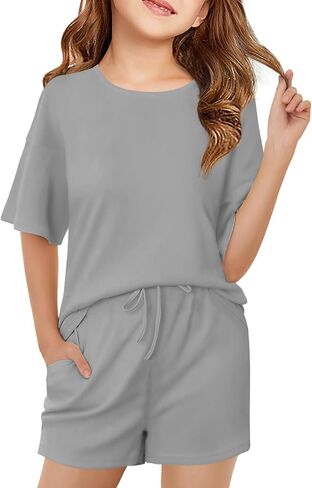 Haloumoning Girls Summer 2 Piece Outfits Kids Oversized T Shirts and Shorts Clothing Sets 5-14 Years in Saudi Arabia