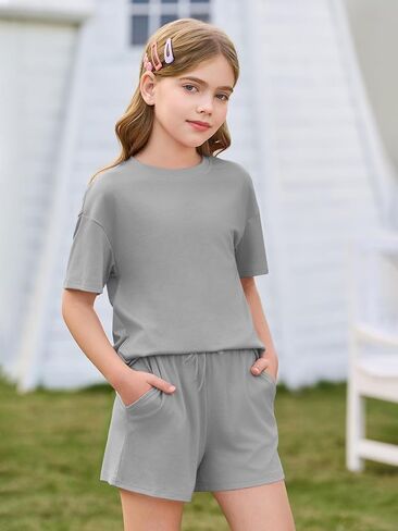 Haloumoning Girls Summer 2 Piece Outfits Kids Oversized T Shirts and Shorts Clothing Sets 5-14 Years in Saudi Arabia