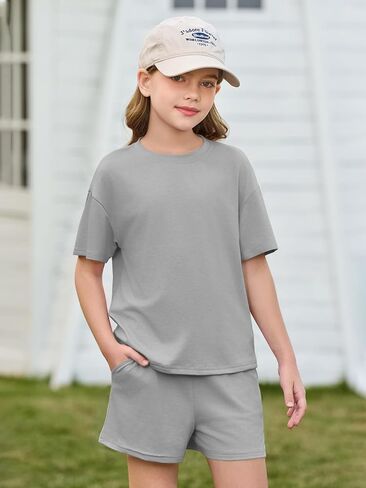 Haloumoning Girls Summer 2 Piece Outfits Kids Oversized T Shirts and Shorts Clothing Sets 5-14 Years in Saudi Arabia