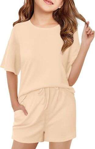 Haloumoning Girls Summer 2 Piece Outfits Kids Oversized T Shirts and Shorts Clothing Sets 5-14 Years in Saudi Arabia