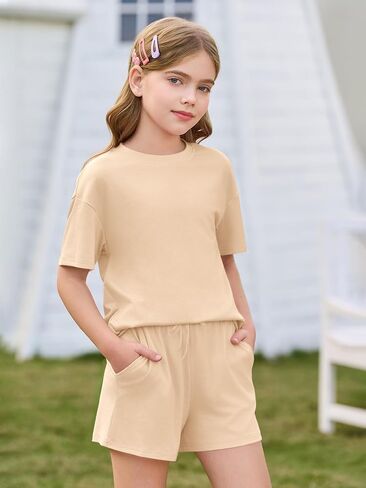 Haloumoning Girls Summer 2 Piece Outfits Kids Oversized T Shirts and Shorts Clothing Sets 5-14 Years in Saudi Arabia