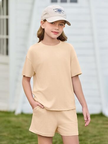 Haloumoning Girls Summer 2 Piece Outfits Kids Oversized T Shirts and Shorts Clothing Sets 5-14 Years in Saudi Arabia