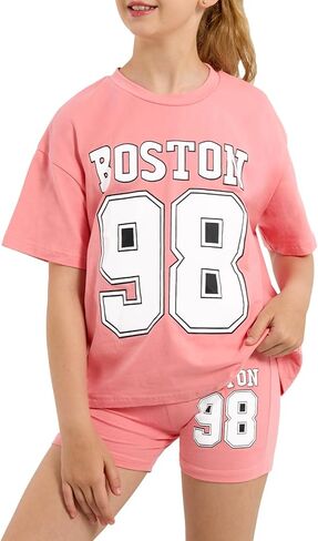 Girls Summer Outfits Graphic Letter Print T Shirt Short Sleeve Top & Biker Shorts with Side Pocket 2Pcs Clothing Sets in Kuwait