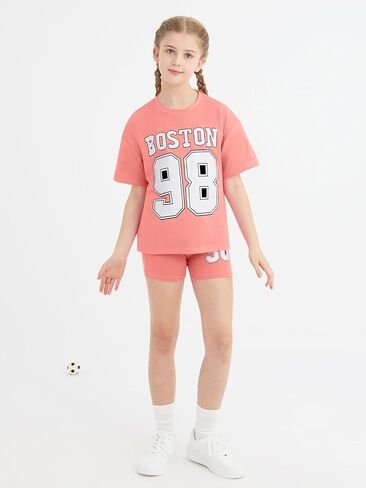 Girls Summer Outfits Graphic Letter Print T Shirt Short Sleeve Top & Biker Shorts with Side Pocket 2Pcs Clothing Sets in Kuwait